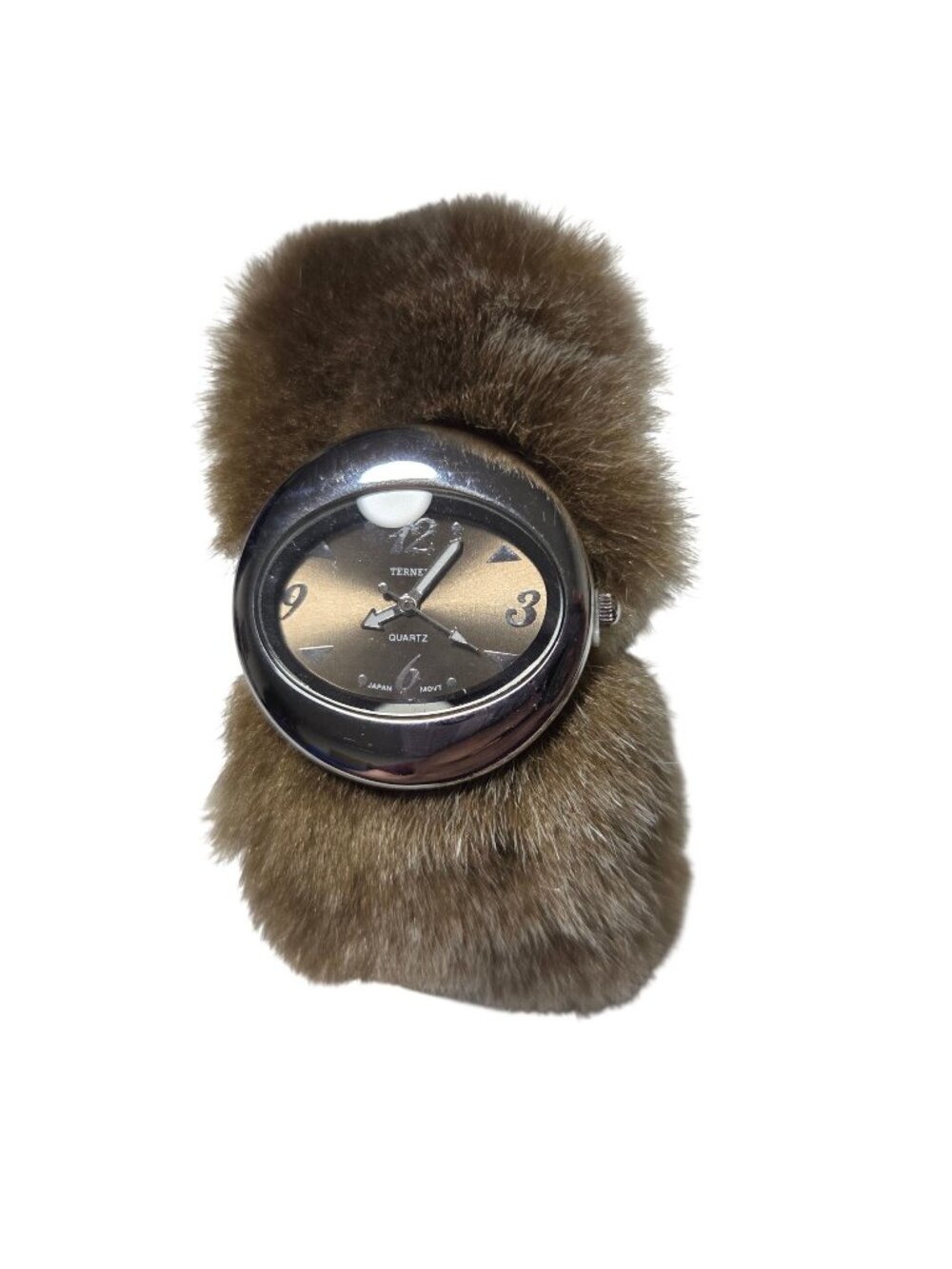 Terne Faux Fur Quartz Bracelet Watch Japan Movement Brown Snap Band
